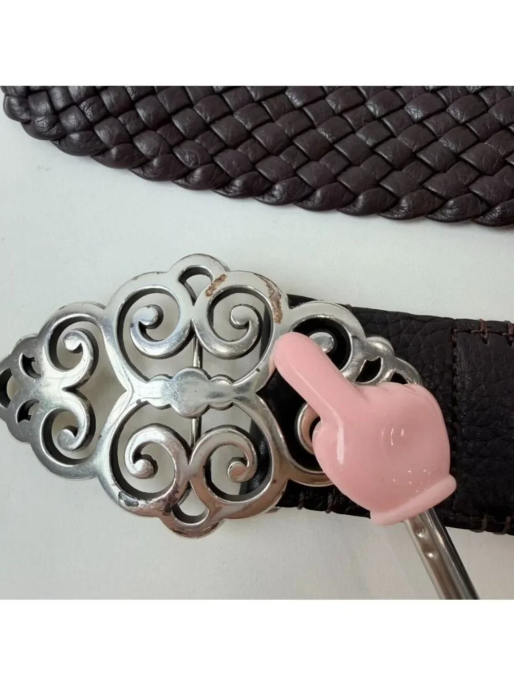 Brighton Braided Leather Belt Brown Silver Scroll Buckle Women's Size 40